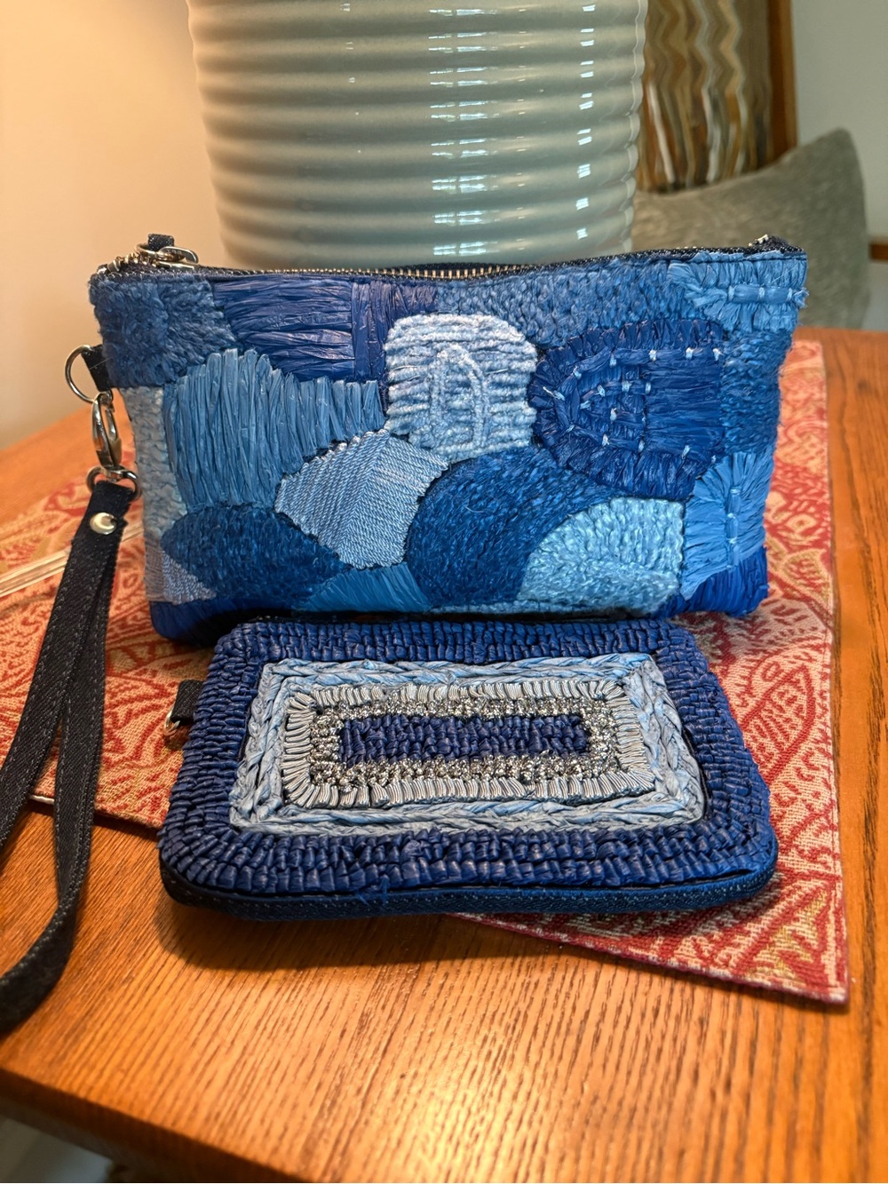 Chico's Patchwork Blue Woven Wristlet with Card Case